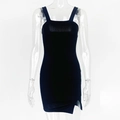 Detail of slim-fit knitted black mini dress with thin straps and side slit design - S / Black