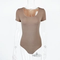 Detail of coffee brown U-neck short sleeve bodysuit with high elasticity ribbed fabric - S / Apricot