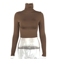 Detail of slim-fit brown turtleneck crop top showing high-quality elastic fabric texture - S / Coffee