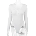 Primer plano de un body blanco de punto acanalado con escote en V profundo y botones decorativos - S / Blanco