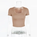 Slim fit brown U-neck crop top short sleeve casual t-shirt for women displayed on model - S / Apricot
