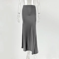 Detail of high-waist dark grey maxi skirt with soft ruched texture and elegant drape - S / Gray
