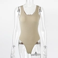 Close-up of khaki ribbed cotton bodysuit showing high-stretch texture and sleeveless round neck - S / Apricot