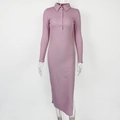 Detail of lavender ribbed knit texture and side slit on this slim polo collar dress - S / Pink