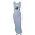 Close-up of twist-knot neckline and waist cutout on blue ribbed knit midi dress - S / Light Blue