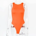 Close-up of bright orange sleeveless bodysuit with high-cut design on a transparent model - S / Orange