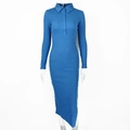 Detail of the blue ribbed knit dress with Polo collar and half-button placket design - S / Lake Blue