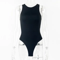 Close-up of black sleeveless bodysuit with high neck design on transparent model - S / Black