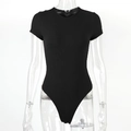 Close-up of the ribbed cotton fabric texture on a black short-sleeve bodysuit for women - S / Black