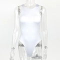 Close-up of white sleeveless bodysuit featuring a crew neck and high-cut leg opening - S / White