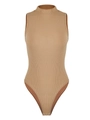 Slim fit ribbed sleeveless bodysuit in camel brown with mock neck for summer fashion - S / Apricot