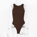 Detail view of coffee brown sleeveless bodysuit made from high-stretch matte fabric - S / Brown