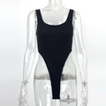 Sleeveless black ribbed bodysuit with U-neck and high-cut leg shown on transparent mannequin - S / Black