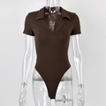 Close-up of dark brown ribbed bodysuit with polo collar and deep V-neckline detail - S / Coffee