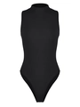 Detailed close-up of a black sleeveless ribbed knit mock neck bodysuit for women - S / Black