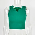 Macro detail of dark green ribbed knit fabric and stylish notched V-neckline on crop top - S / Green