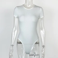 Detailed view of white ribbed cotton bodysuit with crew neck and short sleeves for summer - S / White
