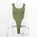 Detailed view of grass green ribbed cotton bodysuit featuring a low U-neckline and high cut - S / Green