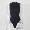 Slim fit black ribbed sleeveless mock neck bodysuit for women in a minimalist style - S / Black