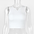 Detail of white ribbed knit fabric texture on a cropped V-neck sleeveless tank top - S / White