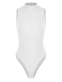 Close-up of white rib-knit mock neck sleeveless bodysuit showing textured fabric - S / White