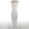Detail of white rib-knit slim fit maxi dress featuring delicate thin shoulder straps - S / Ivory
