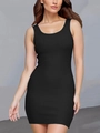 Vestido corto ajustado de punto acanalado negro para mujer con cuello en U y sin mangas - S / Negro
