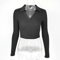 Macro detail of black ribbed knit fabric and polo collar on women's slim crop top - S / Black