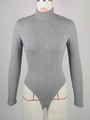 Slim fit dark grey ribbed knit bodysuit with high neck and long sleeves on mannequin - S / Gray