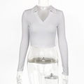 Detail of white cropped knit top with ribbed texture and polo V-neck design - S / White