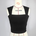 Detail view of black square neck crop top with wide shoulder straps on mannequin - S / Black