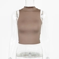 Close-up of a brown mock neck sleeveless crop top made from fine ribbed knit fabric - S / Apricot
