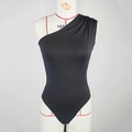 Detail of elegant black one-shoulder bodysuit with ruching on shoulder and elastic fabric - S / Black