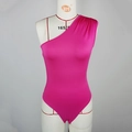Detail of hot pink one-shoulder bodysuit featuring side pleats and silky fabric texture - S / Rose Red