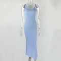 Detail of light blue ribbed fabric texture and slim fit design on a long camisole dress - S / Blue