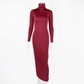 Detail view of the deep red bodycon maxi dress featuring a high neck and long sleeves - S / Burgundy