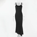Detailed view of the black ribbed fabric and slim fit texture of the long camisole dress - S / Black