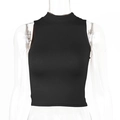 Detail of mock neck and shoulder seams on a black sleeveless knit crop top - S / Black
