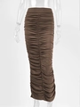 Detail of ruched center seam and elastic fabric on a brown high-waist midi skirt - S / Coffee