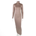 Detail of high neck long sleeve slim fit brown maxi dress on a mannequin - S / Apricot