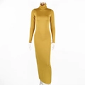 Detailed view of mustard yellow slim fit maxi dress with high neck and long sleeves - S / Yellow