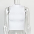 Detailed front view of white mock neck sleeveless crop top on a clear mannequin - S / White