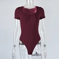 Detail of ribbed wine red bodysuit featuring ruched V-neck and short sleeves - S / Burgundy