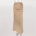 Detail view of khaki bodycon skirt with pleated waist and asymmetric hem design - S / Apricot