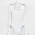 Detail of square neck white bodysuit featuring mesh lantern sleeves and ribbed fabric - S / White