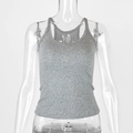 Close-up of the grey ribbed cotton fabric and U-neck detail on the slim-fit tank top - XS / Gray