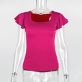 Detail of rose red slim fit top with square neckline and layered ruffle sleeves - S / Rose Red