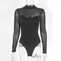 Detail of black bodysuit featuring sheer mesh patchwork sleeves and high-cut leg design - S / Black