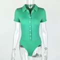 Detail of green ribbed knit bodysuit with polo collar and white contrast buttons - S / Green