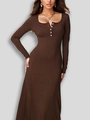Elegant deep brown ribbed knit maxi dress with long sleeves and buttoned square neckline - S / Coffee